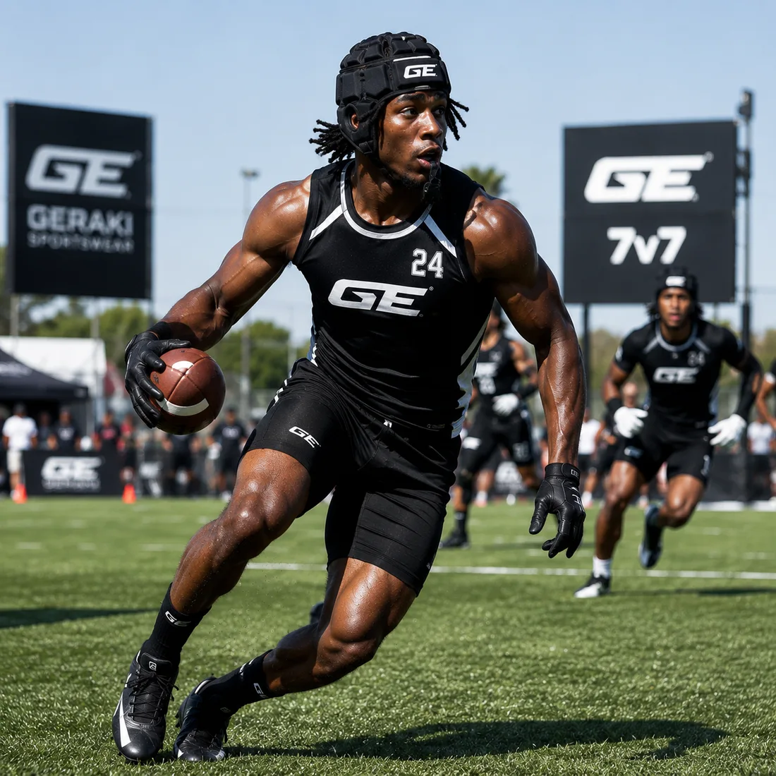 Athlete in a black Geraki 7v7 uniform sprinting with the ball