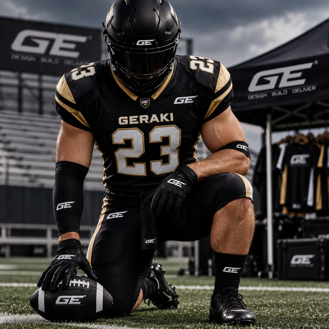 American football player kneeling in a black-and-gold Geraki uniform