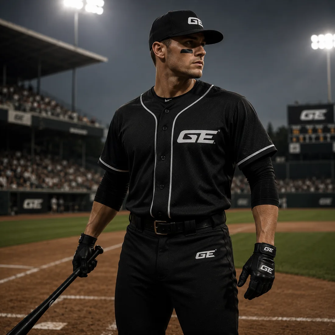Baseball player in a black Geraki uniform and cap at the plate