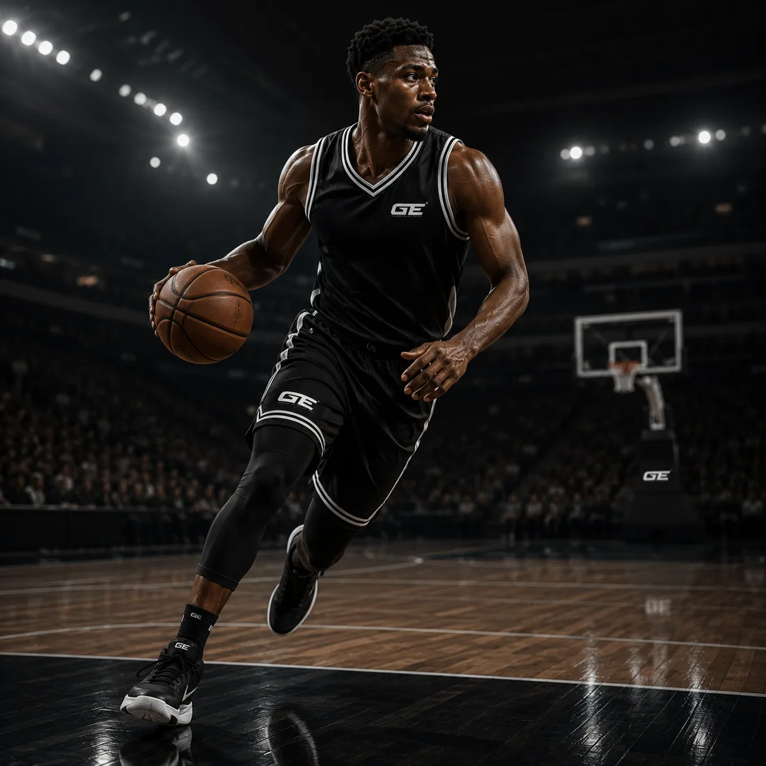 Basketball player in a black Geraki jersey driving down the court