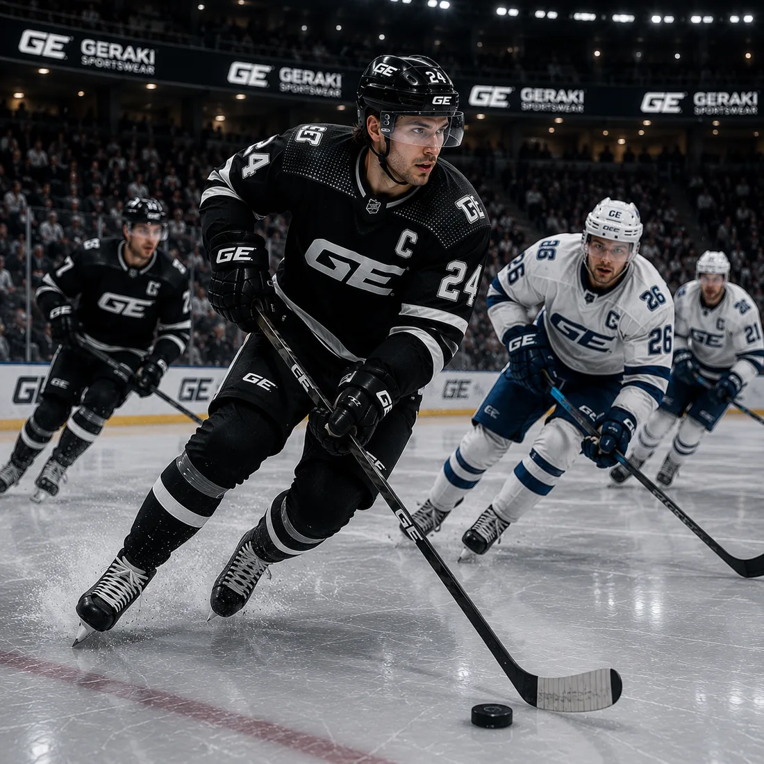 Ice hockey player in a black Geraki sweater controlling the puck