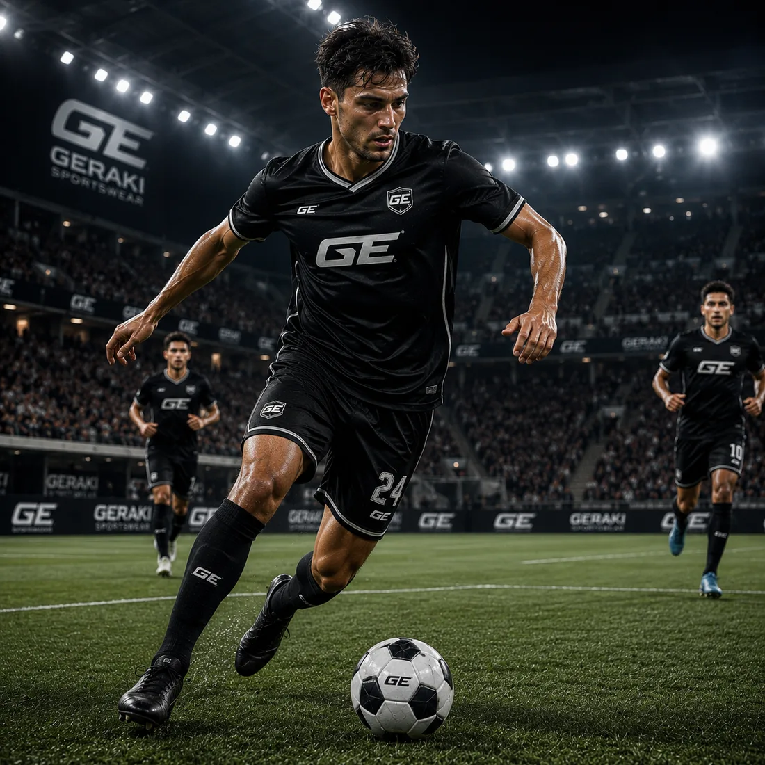 Soccer player in a black-and-grey Geraki kit in a floodlit stadium