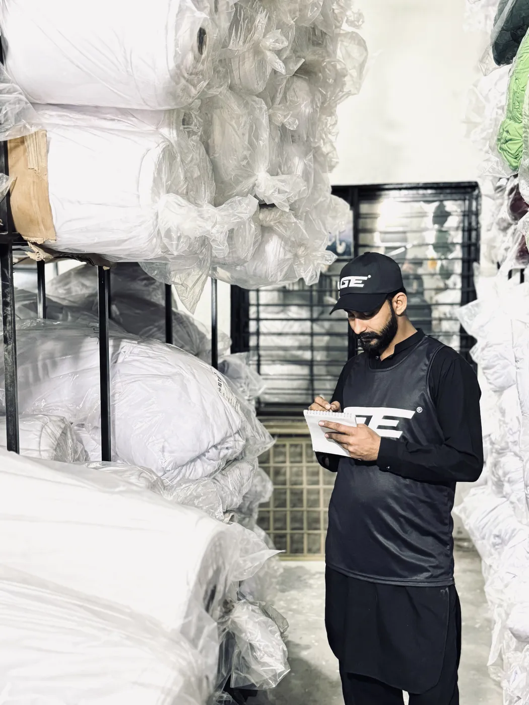 Premium polyester fabric stock in the Geraki fabric room